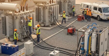 Industrial transformer on hire with technicians performing oil filtration services to ensure reliable power supply for factories and industries.
