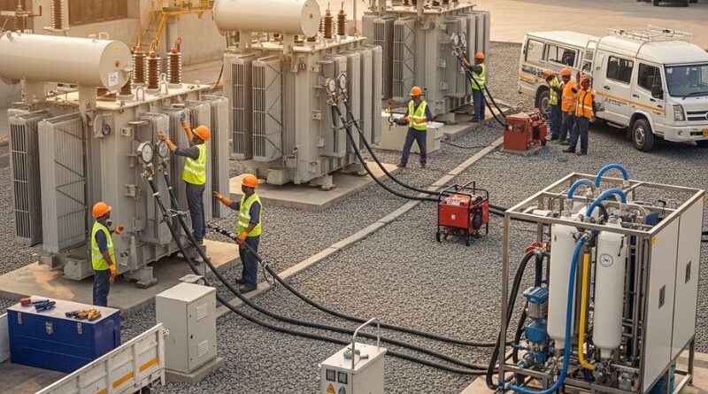 Industrial transformer on hire with technicians performing oil filtration services to ensure reliable power supply for factories and industries.