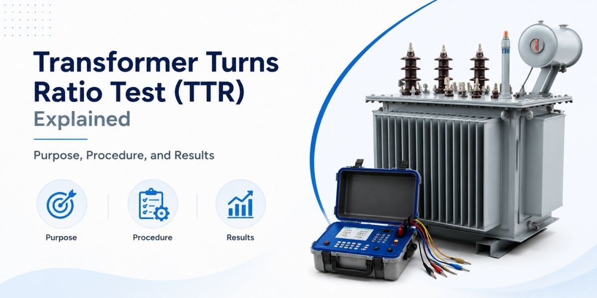 Technician performing Transformer Turns Ratio Test (TTR) on industrial transformer for winding verification